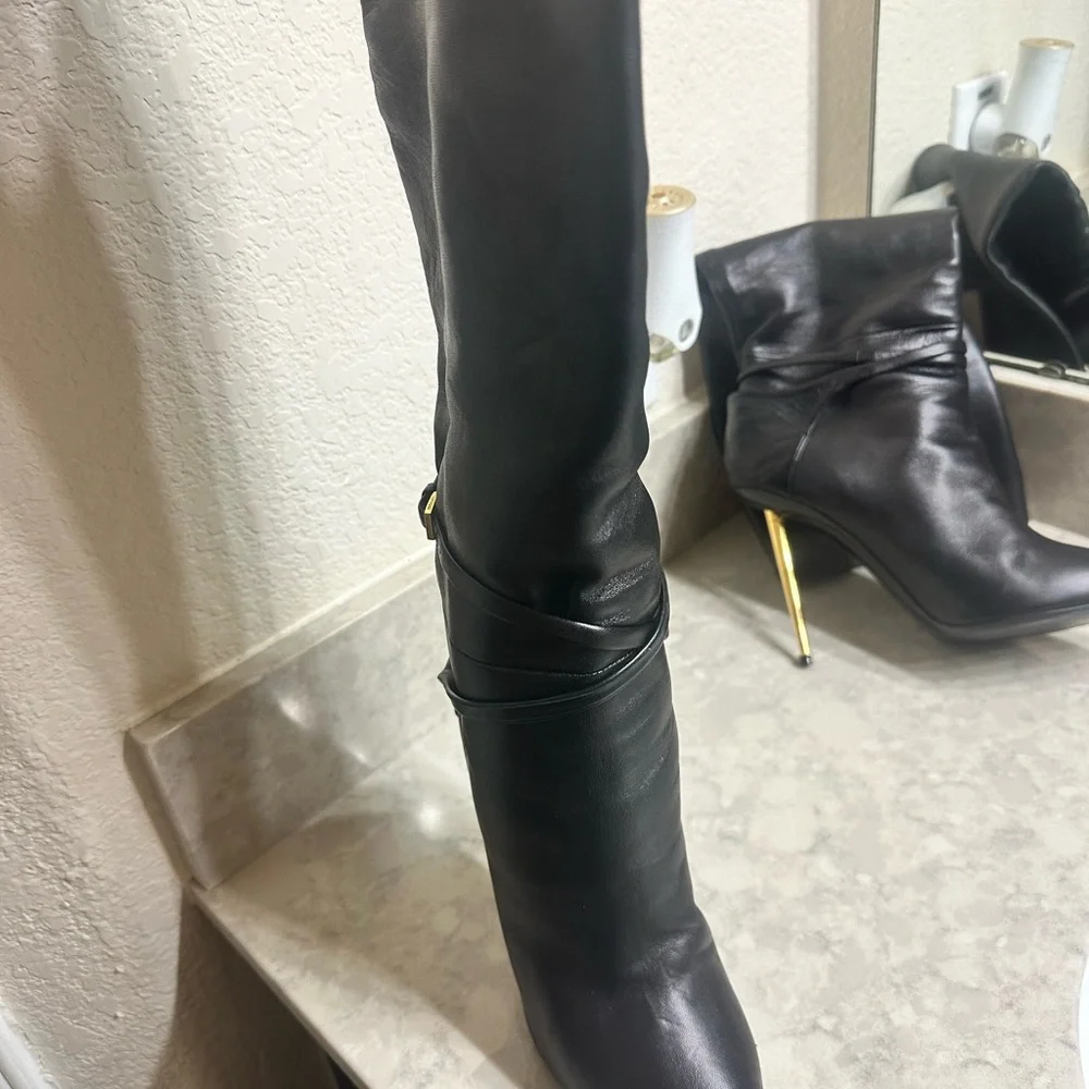 Padlock Pointed Toe Knee High Boot (Women) - Picture 5 of 12